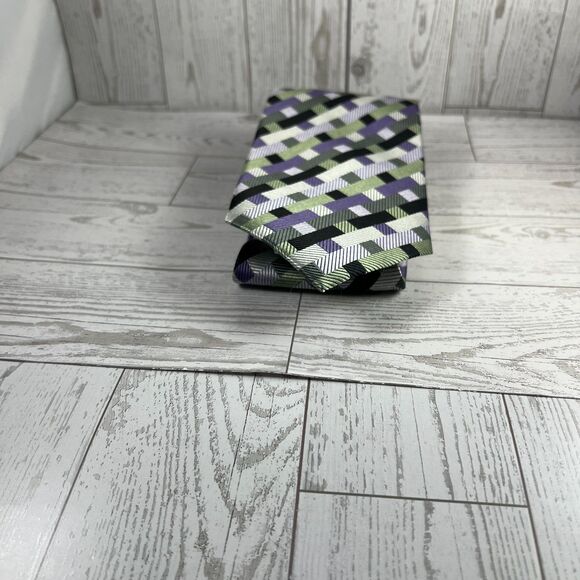 Roberto Villini Couture Silk Tie Geometric Green Purple Handmade Men's Necktie - Picture 7 of 7